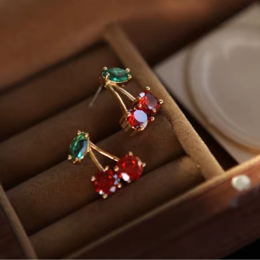 Red Cherry Gold Drop Earrings - Picture 3 of 6
